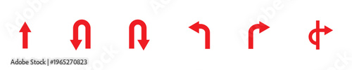 U turn left and right black arrow sign direction icon set. Go straight, this way, one way only U turn, left and right arrow. Along with prohibition icons for straight ahead, right and left turns.