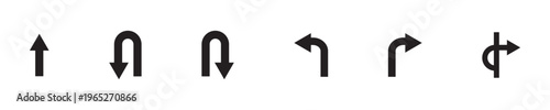 Go Straight This Way One Way Only U Turn Left and Right Black Arrow Sign Direction Icon Set. unique black design on white background