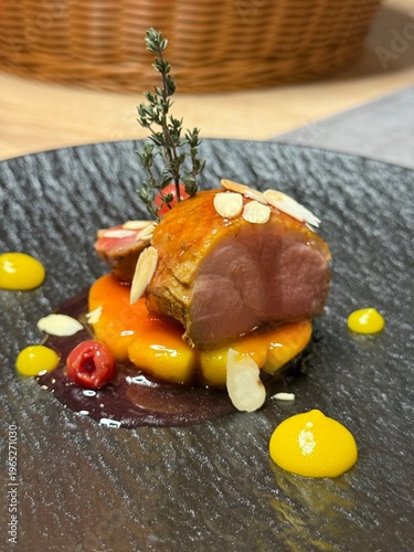 Pan Seared Duck Breast with Caramelized Pineapple, Fine Dining Restaurant Plating