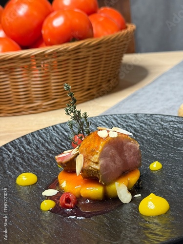 Pan Seared Duck Breast with Caramelized Pineapple, Fine Dining Restaurant Plating