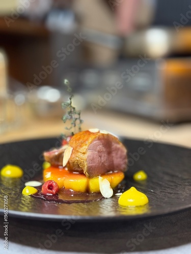 Pan Seared Duck Breast with Caramelized Pineapple, Fine Dining Restaurant Plating