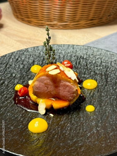 Pan Seared Duck Breast with Caramelized Pineapple, Fine Dining Restaurant Plating