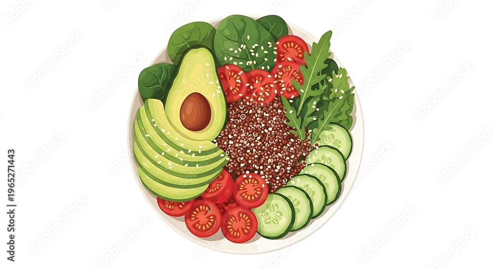 Naklejka premium Vibrant vegetable platter with avocado tomatoes cucumbers and quinoa