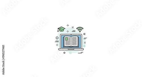 An illustration of an open book on a decorative background with various symbols and icons
