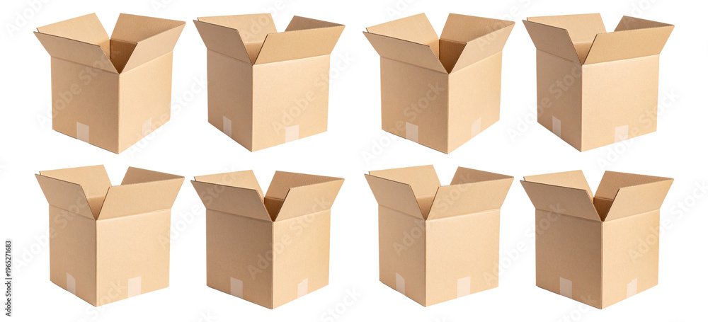 Fototapeta premium Open Cardboard Boxes Arranged in a Pattern on a White Background