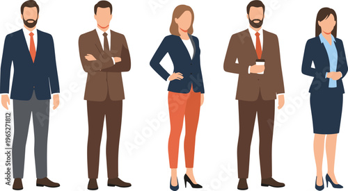 Colorful vector illustration of diverse business professionals in formal attire symbolizing teamwork, leadership, workplace diversity, and corporate collaboration