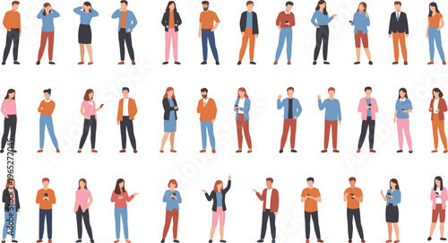 Colorful vector illustration of diverse people in casual and semi‑formal attire symbolizing community, social interaction, and modern lifestyle