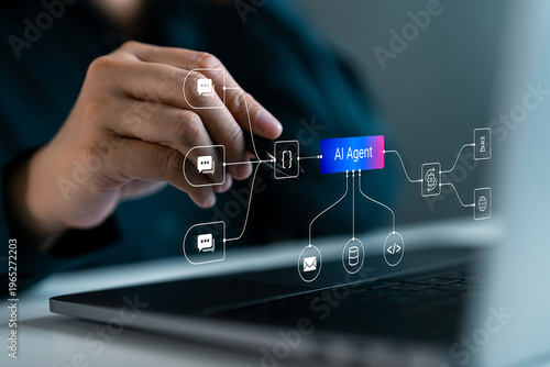 Professional interacting with AI agent interface on laptop, managing automated workflow, chatbot communication, data integration and intelligent system process for business automation and digital.