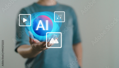 Woman presenting AI multimedia platform interface with video, audio and image icons, artificial intelligence content creation, digital media generation and smart technology for creative automation.