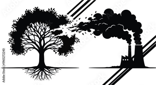 Tree roots and foliage contrast sharply with industrial factory smoke pollution.