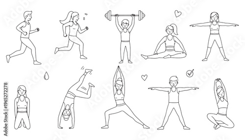 Simple Fitness and Yoga Line Art Set Running, Stretching, Workout Doodle Illustration Collection