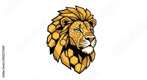 This creative vector illustration features a majestic lion's head in a modern, geometric style. The entire head is intricately detailed with a golden honeycomb or hexagonal pattern.