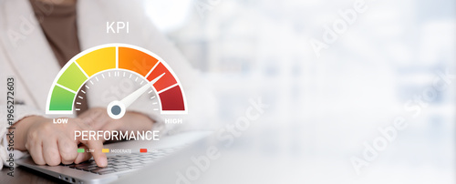 Business interface with KPI performance gauge, representing performance measurement, target tracking, efficiency analysis, and business evaluation.