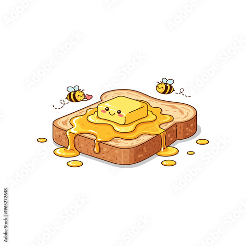 Butter on toast with honey and bees.