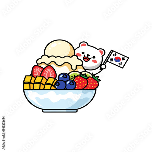 Cartoon bear holding Korean flag dessert.