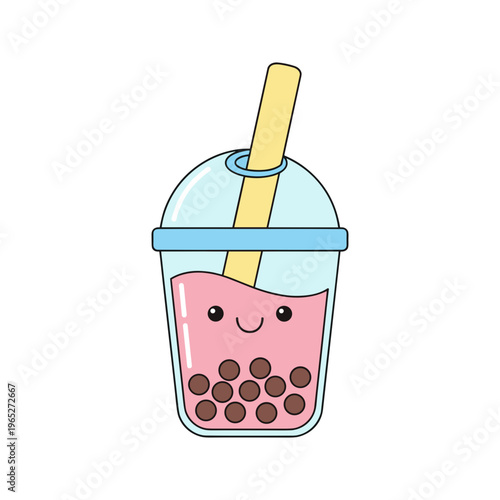 Cartoon boba tea with straw smiling.