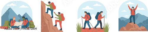 Colorful vector illustration of mountain hiking adventure showing planning, teamwork, climbing, trekking, and reaching summit symbolizing perseverance and achievement