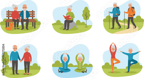 Colorful vector illustration of older adults enjoying outdoor activities including hiking, yoga, reading, companionship, wellness, and relaxation in nature