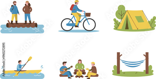 Colorful vector illustration of outdoor camping and adventure activities including tent, campfire, kayak, raft, bicycle, hammock, and nature lifestyle