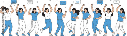 Colorful vector illustration of people celebrating with raised arms symbolizing joy, communication, teamwork, and social engagement