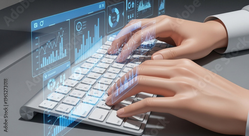 Hands typing on keyboard with futuristic holographic data projections floating above keys on a gray desk