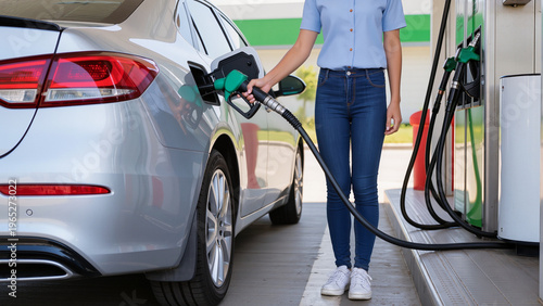 Foto A driver prepares for a long trip, The fuel hose stretches to the car, The nozzl