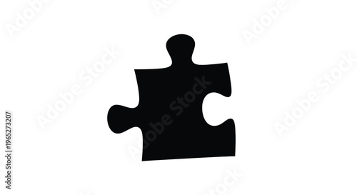 A solitary black puzzle piece isolated on a stark white background