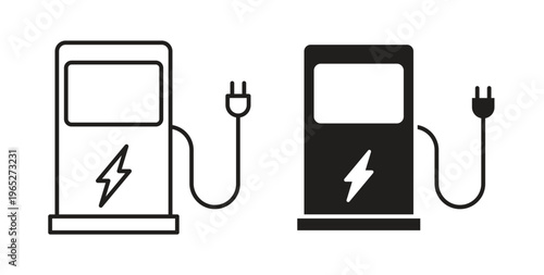 Charging station icon line style collection. Simple black solid icons