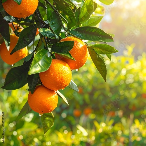 A sunny orchard scene with a branch of vibrant oranges