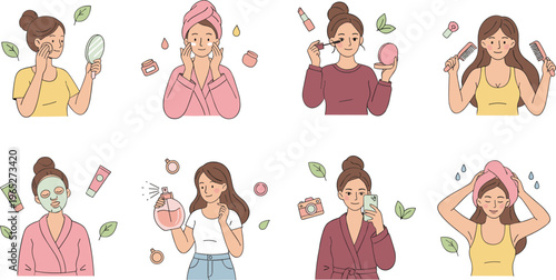 Colorful vector illustration of self-care and beauty routines including skincare, makeup, hair care, perfume, wellness, and personal grooming activities