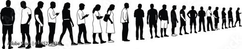 Colorful vector illustration of silhouetted people standing in line symbolizing patience, organization, social behavior, and public order
