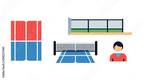 Tennis player with racket and net.