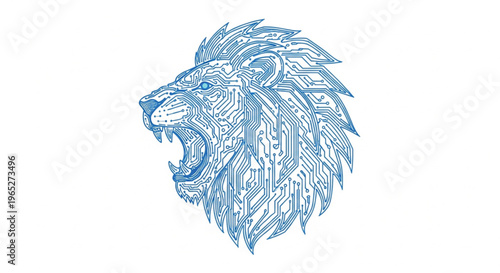 A futuristic vector illustration of a roaring lion's head, intricately designed with digital circuit board patterns and glowing blue lines. Set against a clean white background.