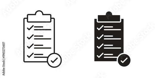 Clipboard check icon line style collection. Simple black solid icons