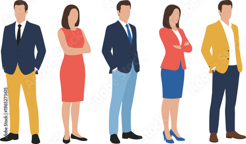 Colorful vector illustration of diverse business professionals in formal attire symbolizing teamwork, leadership, workplace diversity, and corporate collaboration