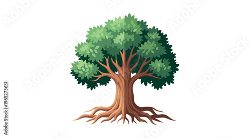 A tree with green leaves and roots.