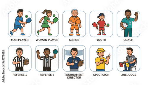 Illustrations of pickleball players and staff.