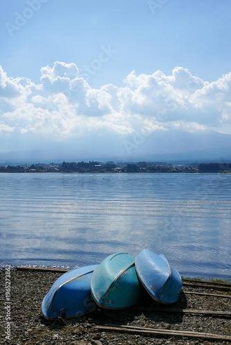 Boats by Japanese Lake, Cloudy Background