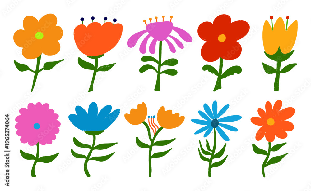 Obraz premium Cute hand drawn flower collection with soft colors and simple line style. Botanical floral elements isolated on white background, perfect for stickers, branding, textile, and creative design