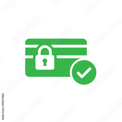 Vibrant green icon illustrates a protected bank card with a white padlock and circular confirmation mark for verified service.