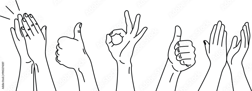 Fototapeta premium Clapping Hands and Thumbs Up Gesture Line Art Vector Set Minimal Outline Applause and Like Symbols