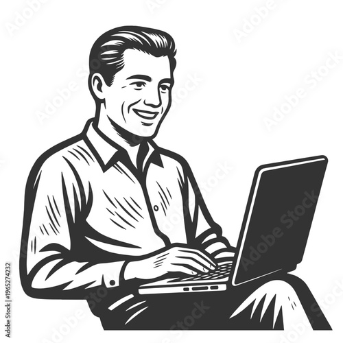 cheerful man laughing while using a laptop, expressing success, excitement, or positive online work experience sketch engraving generative ai vector illustration. Scratch board. Black and white image.