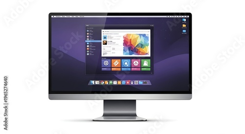 A blurry image of a computer monitor displaying a colorful screen saver on a dark blue background with a silver frame and stand