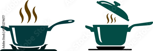 Set of cooking pots with steam on stovetop icons