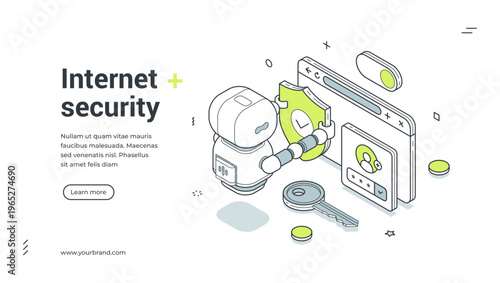 Internet security isometric banner template. Vector illustration for a landing page about data protection. Modern technology concept for privacy and cybersecurity with a robot