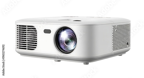 A white projector with a large lens and ventilation grills on the sides and front