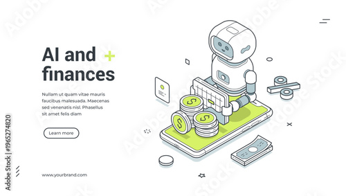 AI and finances isometric banner. Vector template for a landing page on fintech and mobile banking. Modern illustration for investment automation and personal budget management