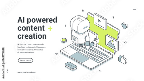 AI powered content creation isometric banner. Vector template for a landing page on marketing automation. Modern illustration for copywriting, blogging and social media content generation
