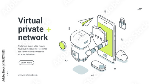 Virtual private network isometric banner. Vector template for a landing page on cybersecurity and data protection. Modern illustration for internet security, privacy, and secure connection