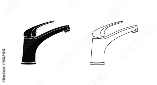 Modern faucet design presented in black and white line drawings